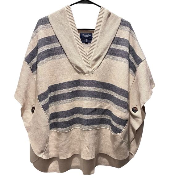 American Eagle Poncho Striped Knit V Neck Hooded Sweater Cream Gray Sz XS Small - Picture 1 of 6